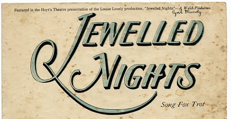 Part of a cover page for sheet music. The title is "Jewelled nights, song fox trot"