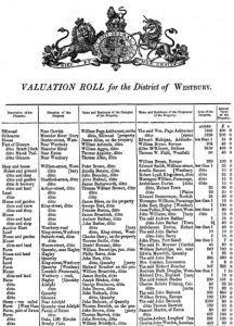 A Valuation Roll for the District of Westbury. The columns list the property's description, location, occupier and proprietor details, property area, and annual value.