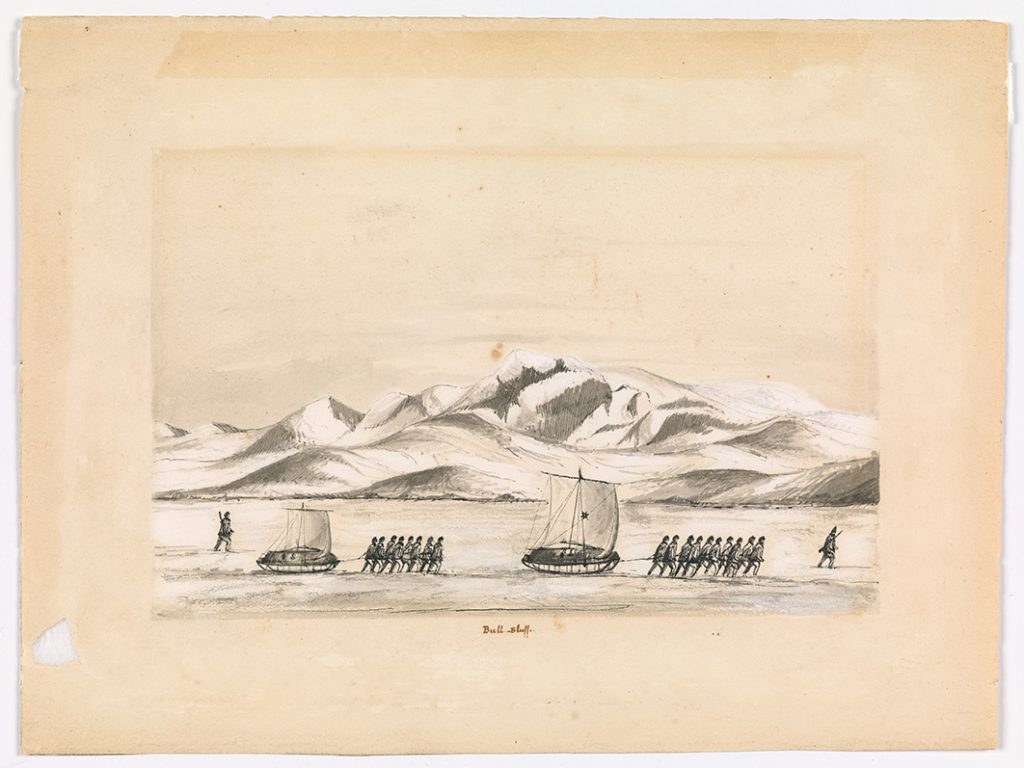 Drawing of sledges with sails being pulled by teams of men across an Arctic ice shelf, with white mountains in background.