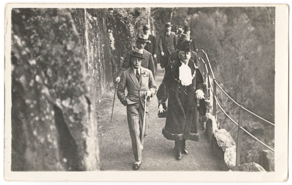 Edward, Prince of Wales with George Shields, Mayor of Launceston, and Admiral Halsey walking along the Cataract Gorge path