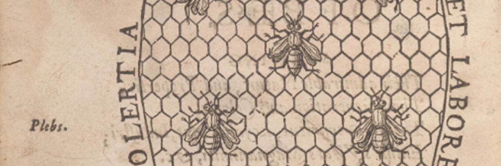 Illustration of a stylised hive and bees.
