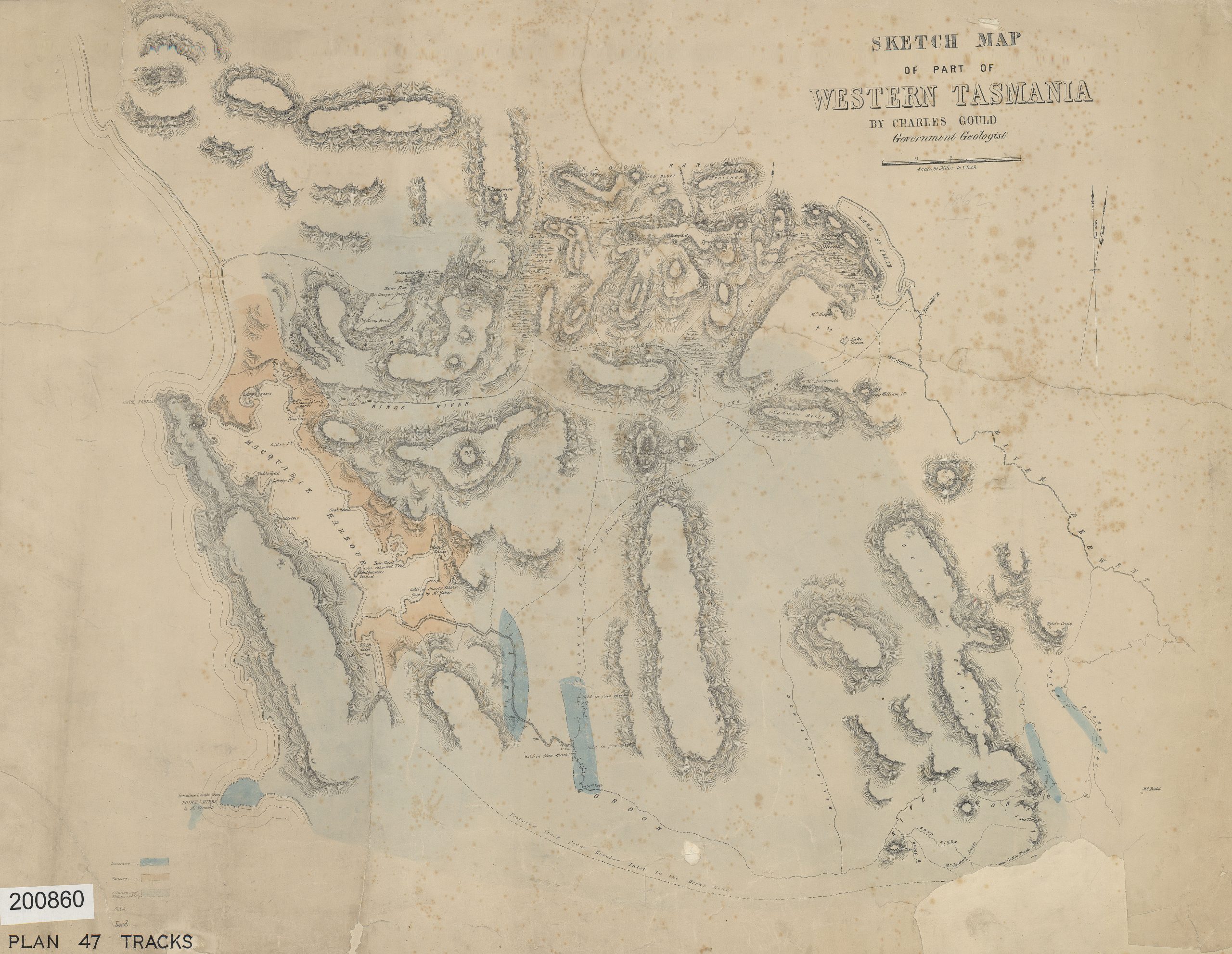 A sketch map. Text in the top right reads: "Sketch map of part of western Tasmania by Charles Gould. Government geologist,