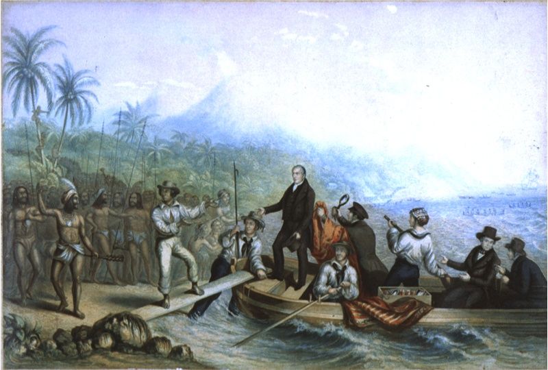 A painting of colonial people exiting a boat onto the shore to greet native people.
