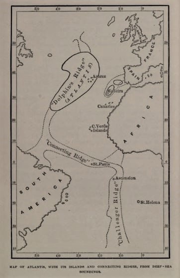 A map. Text at the bottom reads "Map of atlantis with its islands and connecting ridges, from deep-sea surroundings.
