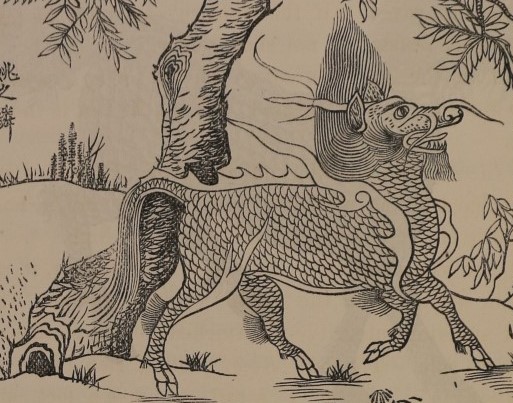 A drawing of a Chinese unicorn with scales on its body.