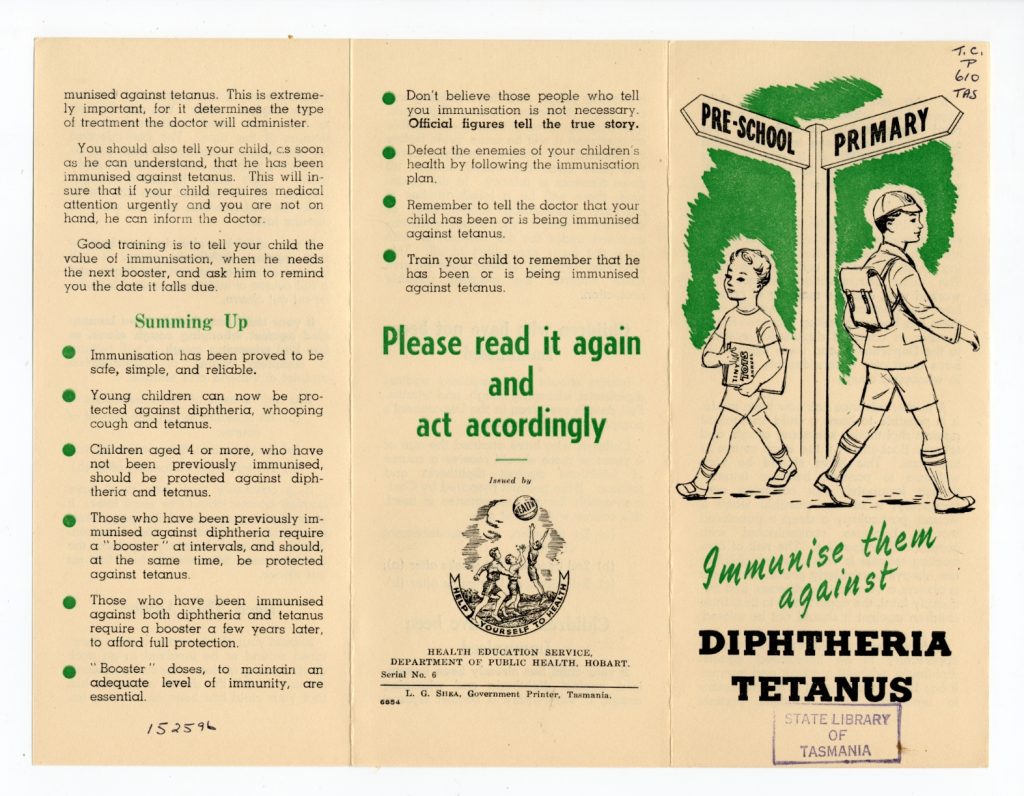 A pamphlett advising people to immunise their children against diphtheria tetanus.
