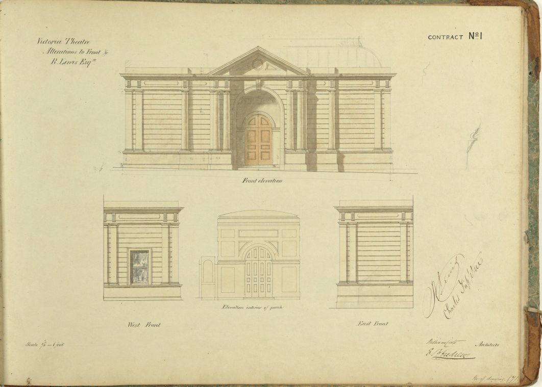 An old page detailing how parts of a building should look. Text on the page reads: "Victoria theatre. Alterations to front"