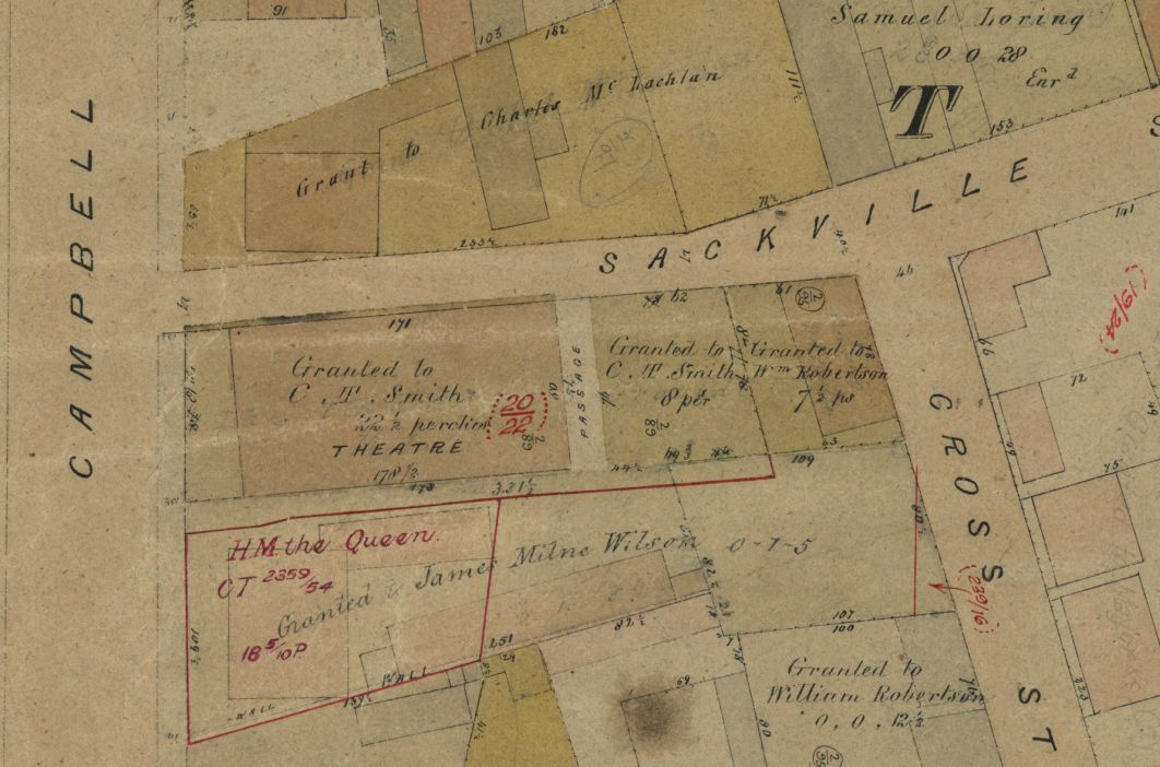 An old map with red marking s showing purchased land.