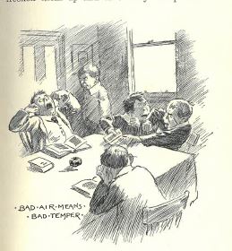 An illustration of a family around a table, 2 kids are fighting and a man is screaming. text on the page reads: " Bad air means bad temper"