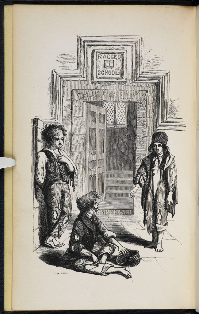 A drawing of 3 school kids in front of a door wearing clothes with holes in them. Text above the door reads: "Ragged school"