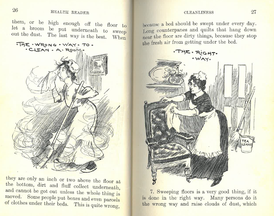 Pages from a book with 2 illustrations. the left is of a woman sneesing with dust around a room. she is holding a broom and this image is titled "The wrong way to clean a room" the right image is of a much cleaner room and is titled "the right way".
Text on the page reads: " Them, or be high enough off the floor to let a broom be put underneath to sweep out the dust. The last way is the best. When they are only an inch or two above the floor at the bottom, dirt and fluff collect underneath and cannot be got out unless the whole thing is moved. some people put boxes and even parcels of clothes under their bed. This is quite wrong, because a bed should be swept under every day. Long counterpanes and quilts hang down near the floor are dirty things, because they stop the fresh air from getting under the bed. “