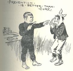 A cartoon illustrations showing a man pointing at a sick man with a bandage around their head. Text at the top reads: "Prevention is better than cure."